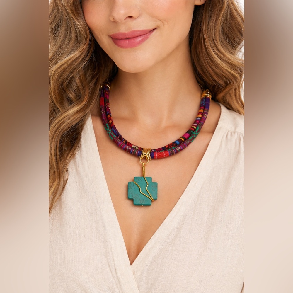 Boho Turquoise Cross Necklace | Colorful Fabric Cord Statement Necklace